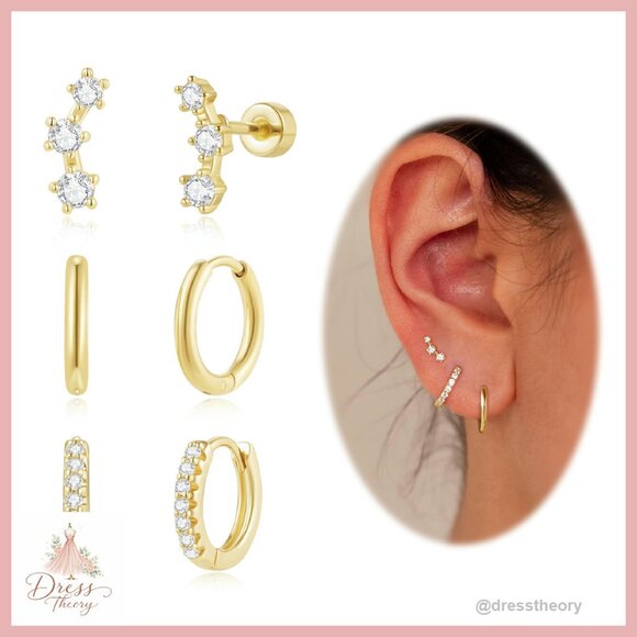 Jewelry - 14K Gold Hoop Earrings Set, 3 Pairs, Hypoallergenic, Cartilage Studs